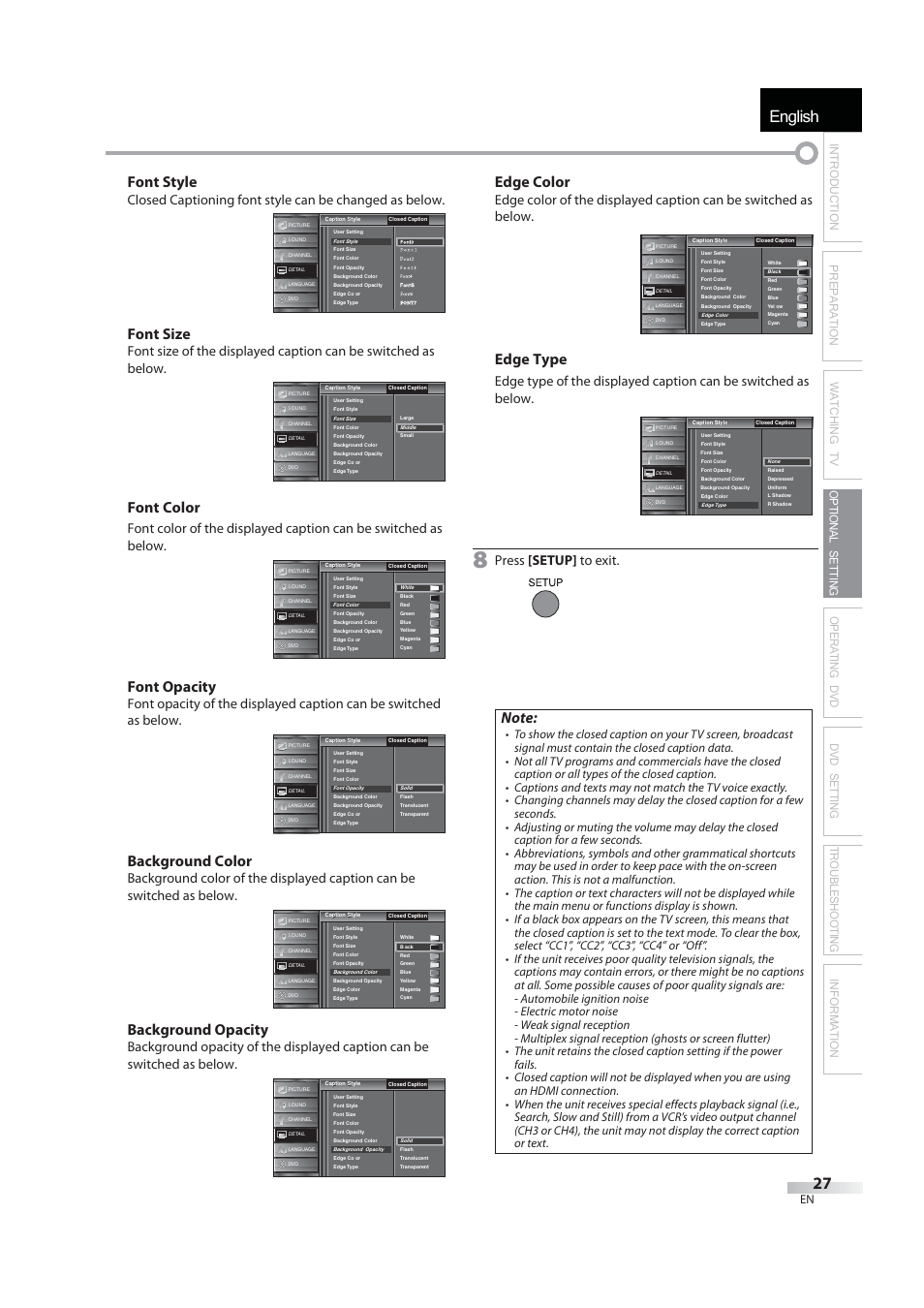 English, Font style, Font size | Font color, Font opacity, Background color, Background opacity, Edge color, Edge type, Press [setup] to exit | JVC 1EMN24939 User Manual | Page 27 / 56