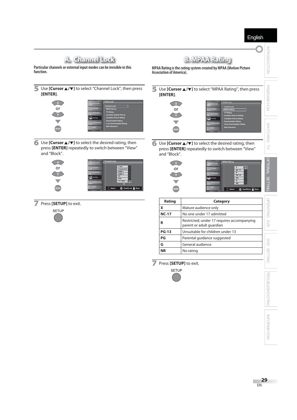 English, A. channel lock, B. mpaa rating | Press [setup] to exit | JVC 1EMN24939 User Manual | Page 29 / 56