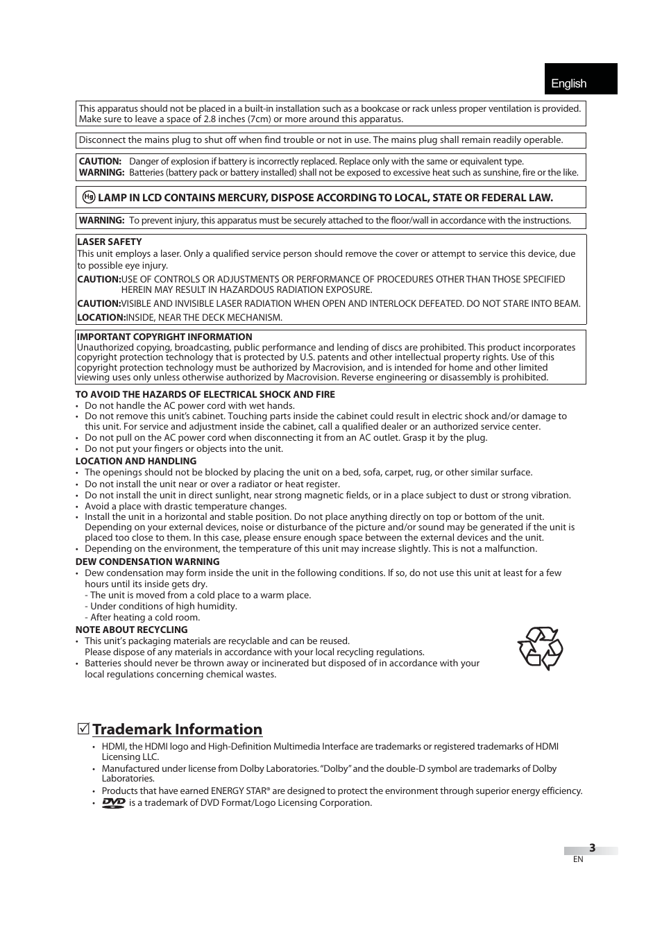 English, 5 trademark information | JVC 1EMN24939 User Manual | Page 3 / 56
