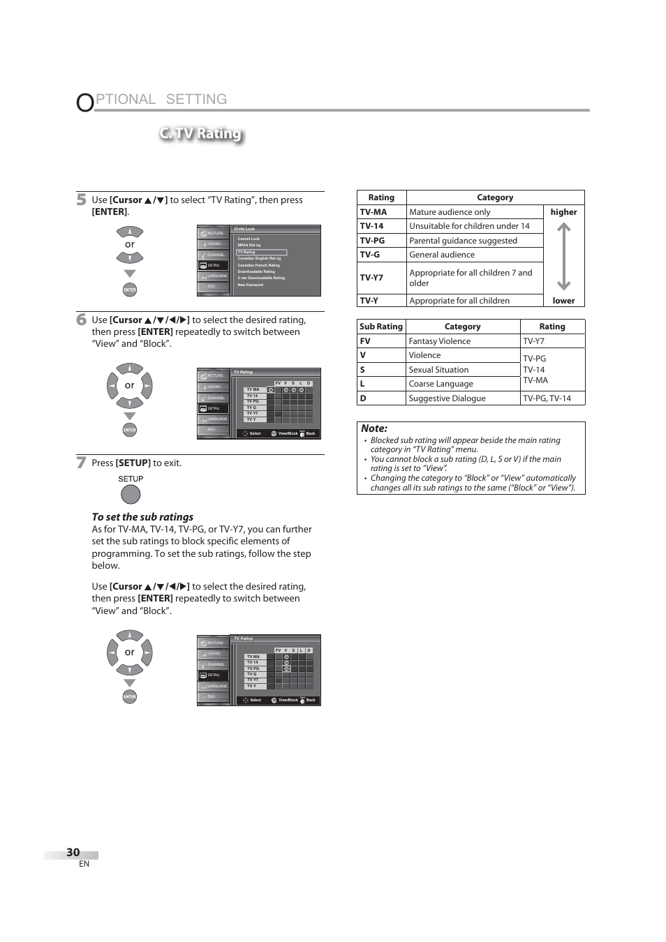 Ptional setting, C. tv rating, Press [setup] to exit | JVC 1EMN24939 User Manual | Page 30 / 56