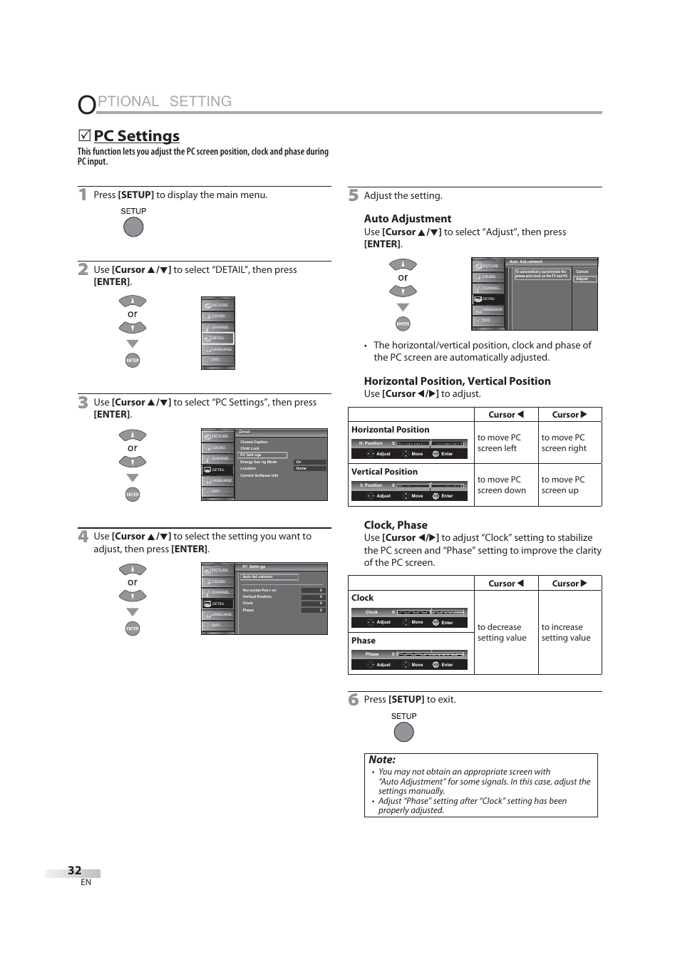 Ptional setting, 5 pc settings, Auto adjustment | Horizontal position, vertical position, Clock, phase, Press [setup] to display the main menu, Adjust the setting, Use [cursor s / b ] to adjust, Press [setup] to exit | JVC 1EMN24939 User Manual | Page 32 / 56
