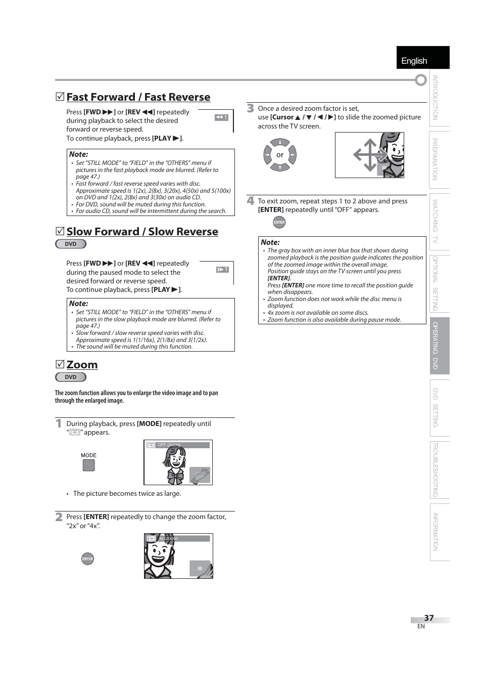 English, 5 fast forward / fast reverse, 5 slow forward / slow reverse | 5 zoom | JVC 1EMN24939 User Manual | Page 37 / 56