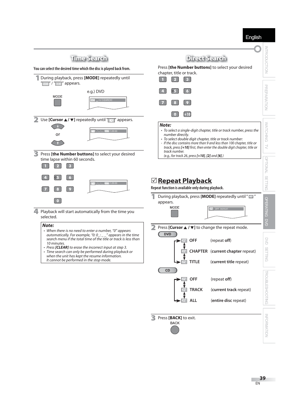 English, Time search, Direct search | 5 repeat playback | JVC 1EMN24939 User Manual | Page 39 / 56