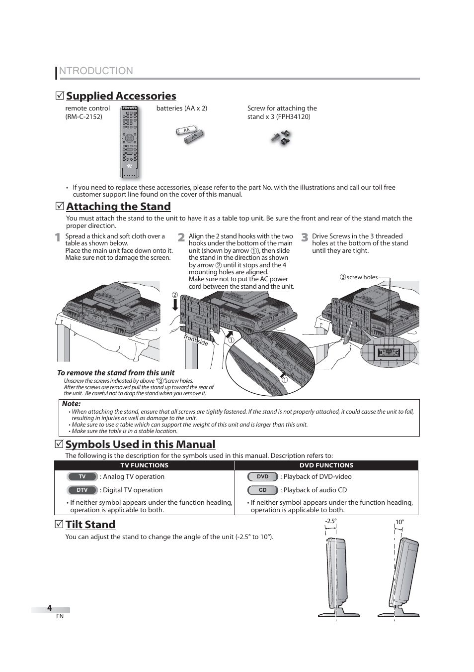 Introduction, Ntroduction, 5 supplied accessories 5 attaching the stand | 5 symbols used in this manual, 5 tilt stand | JVC 1EMN24939 User Manual | Page 4 / 56