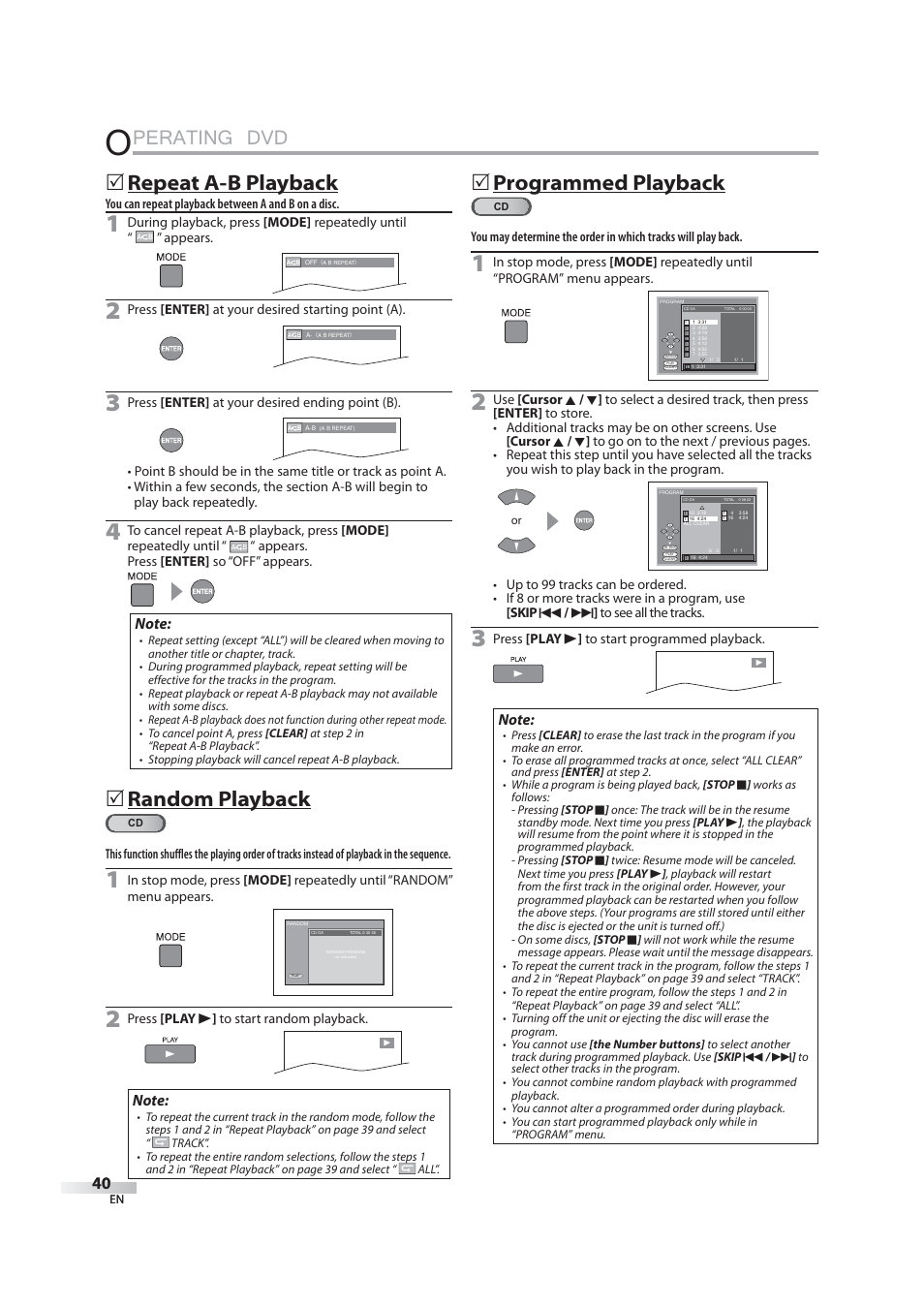 Perating dvd, 5 repeat a-b playback, 5 random playback | 5 programmed playback | JVC 1EMN24939 User Manual | Page 40 / 56