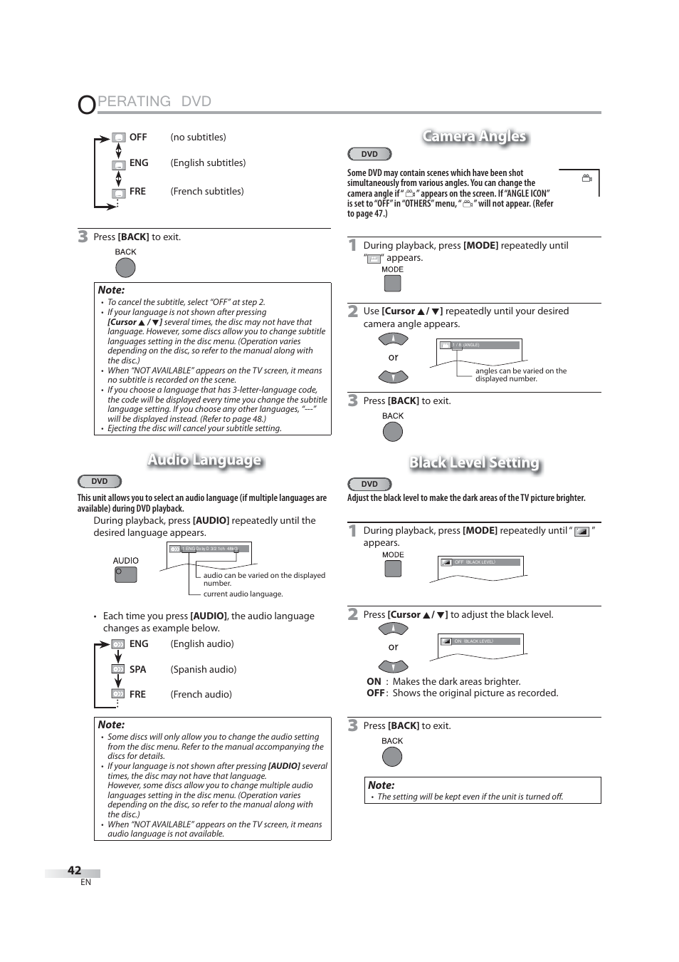 Perating dvd, Audio language, Camera angles | Black level setting | JVC 1EMN24939 User Manual | Page 42 / 56