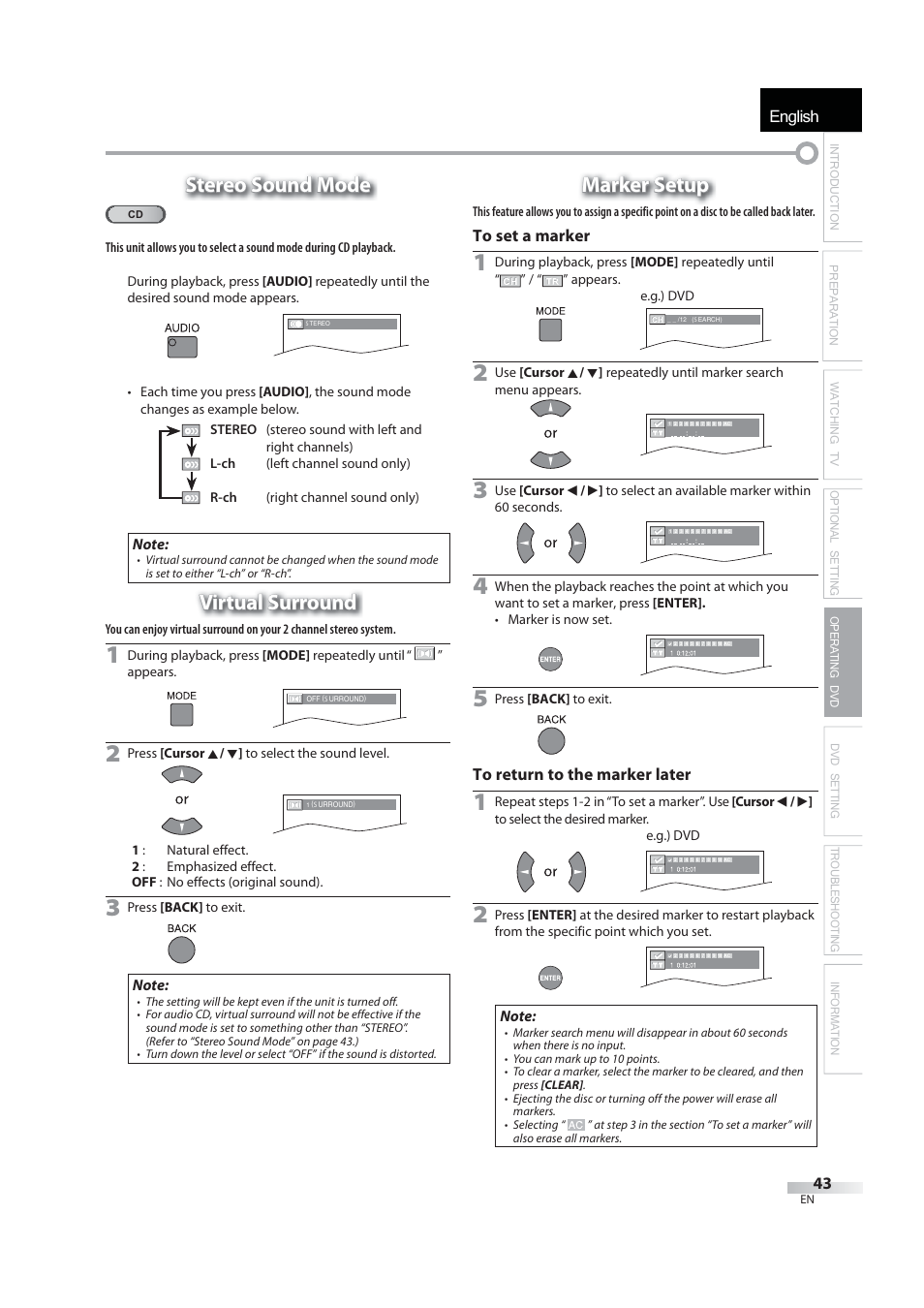 English, Stereo sound mode, Virtual surround | Marker setup | JVC 1EMN24939 User Manual | Page 43 / 56