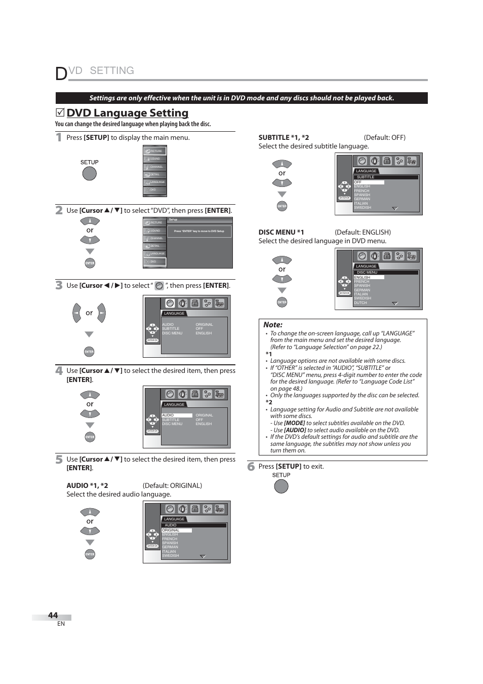 Dvd setting, Vd setting, 5 dvd language setting | JVC 1EMN24939 User Manual | Page 44 / 56