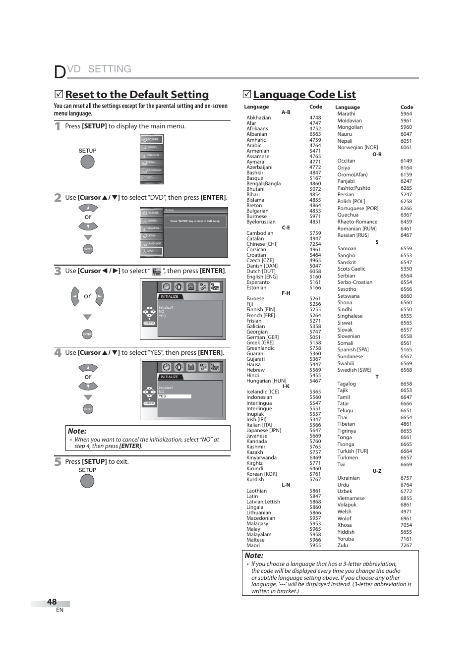 Vd setting, 5 language code list, 5 reset to the default setting | JVC 1EMN24939 User Manual | Page 48 / 56