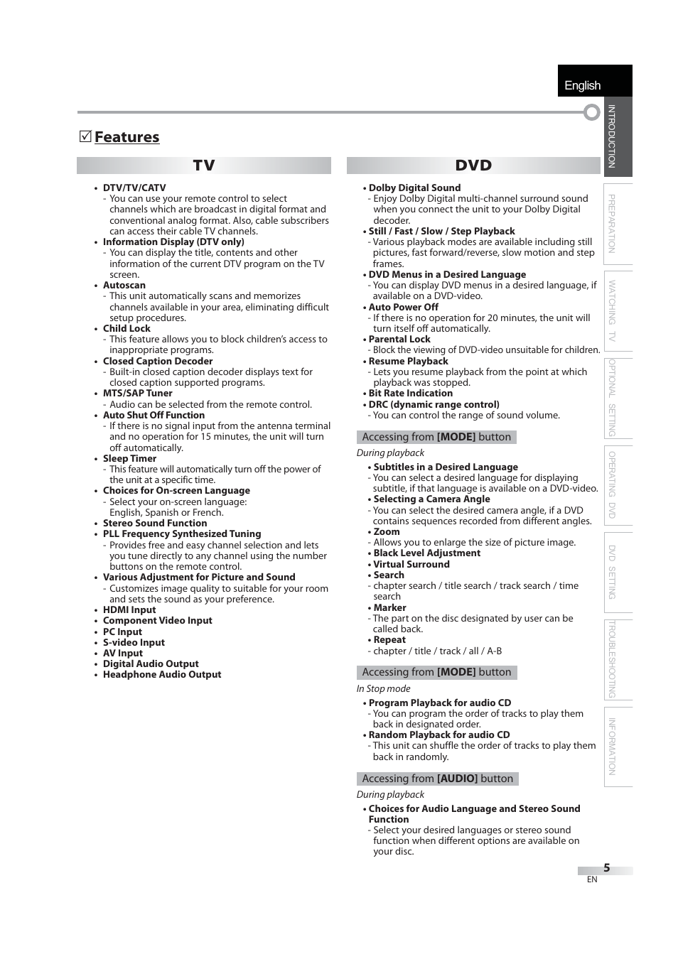 English, 5 features tv dvd | JVC 1EMN24939 User Manual | Page 5 / 56