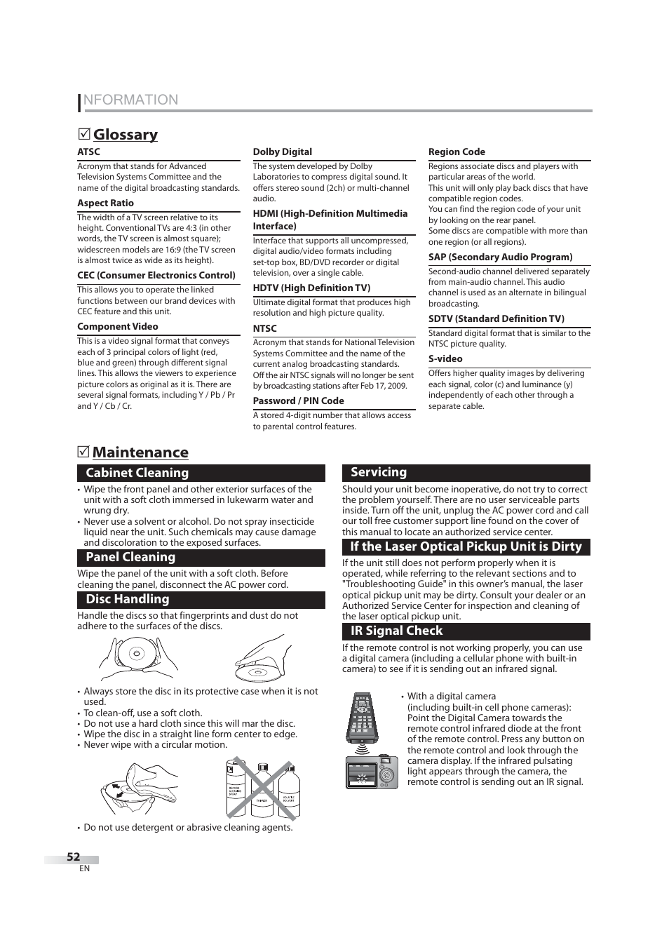 Information, Nformation, 5 glossary 5 maintenance | JVC 1EMN24939 User Manual | Page 52 / 56