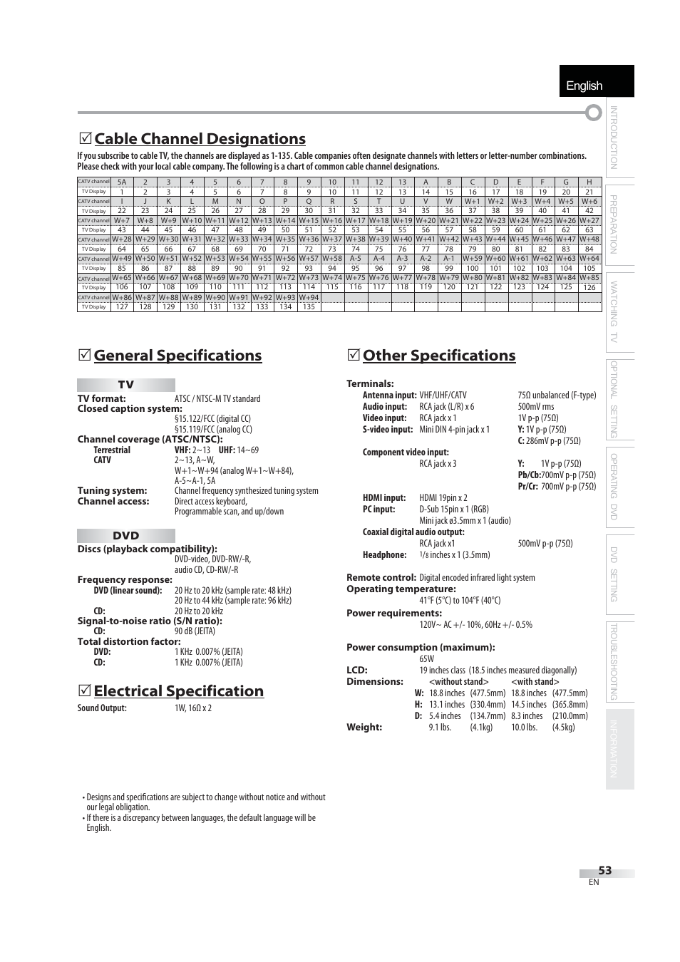 English, 5 general specifications, 5 electrical specification | 5 other specifications, 5 cable channel designations | JVC 1EMN24939 User Manual | Page 53 / 56