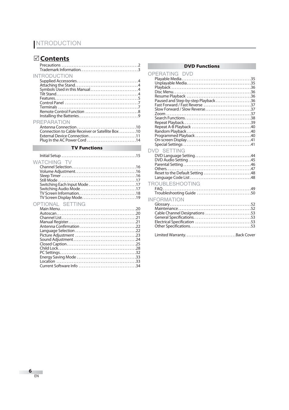 Ntroduction, Introduction, Preparation | Watching tv, Optional setting, Operating dvd, Dvd setting, Troubleshooting, Information | JVC 1EMN24939 User Manual | Page 6 / 56