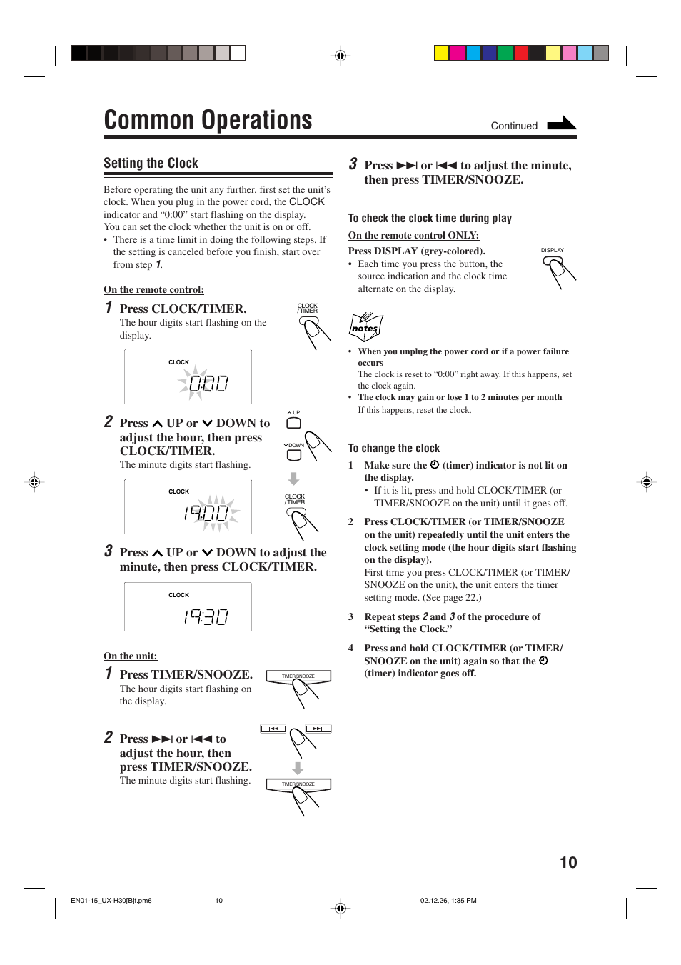 Common operations, Setting the clock | JVC CA-UXH33 User Manual | Page 13 / 32