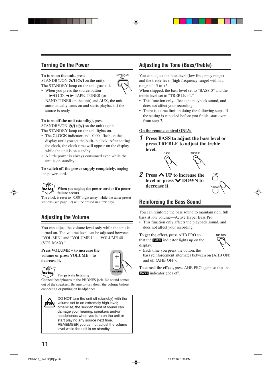 Adjusting the tone (bass/treble), Reinforcing the bass sound, Turning on the power | Adjusting the volume | JVC CA-UXH33 User Manual | Page 14 / 32