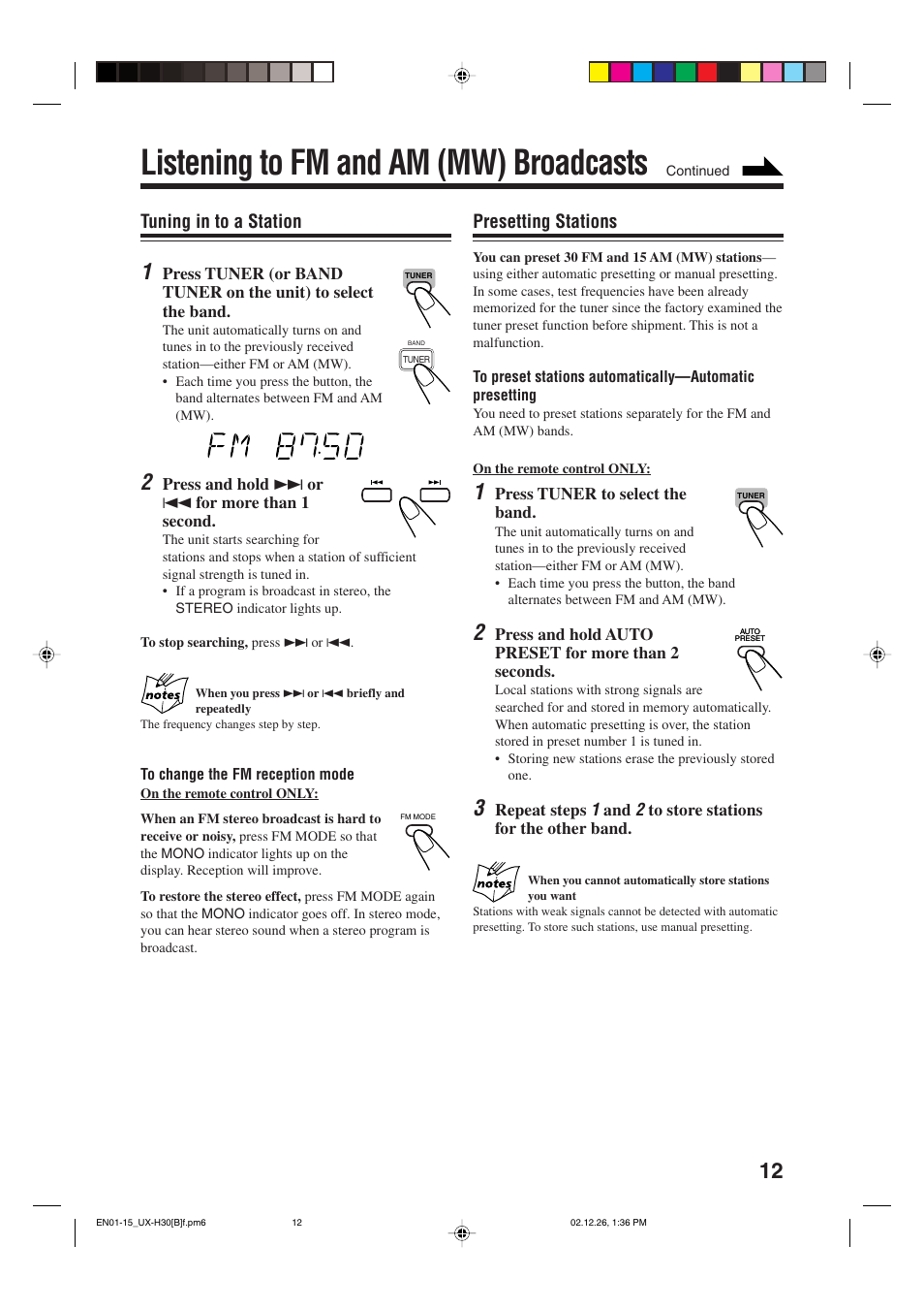 Listening to fm and am (mw) broadcasts, Tuning in to a station, Presetting stations | JVC CA-UXH33 User Manual | Page 15 / 32