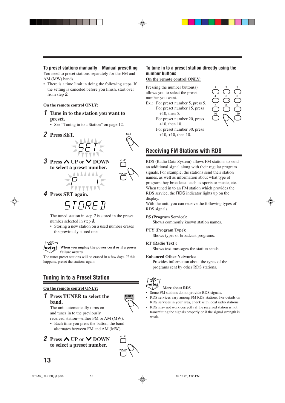 Tuning in to a preset station, Receiving fm stations with rds | JVC CA-UXH33 User Manual | Page 16 / 32