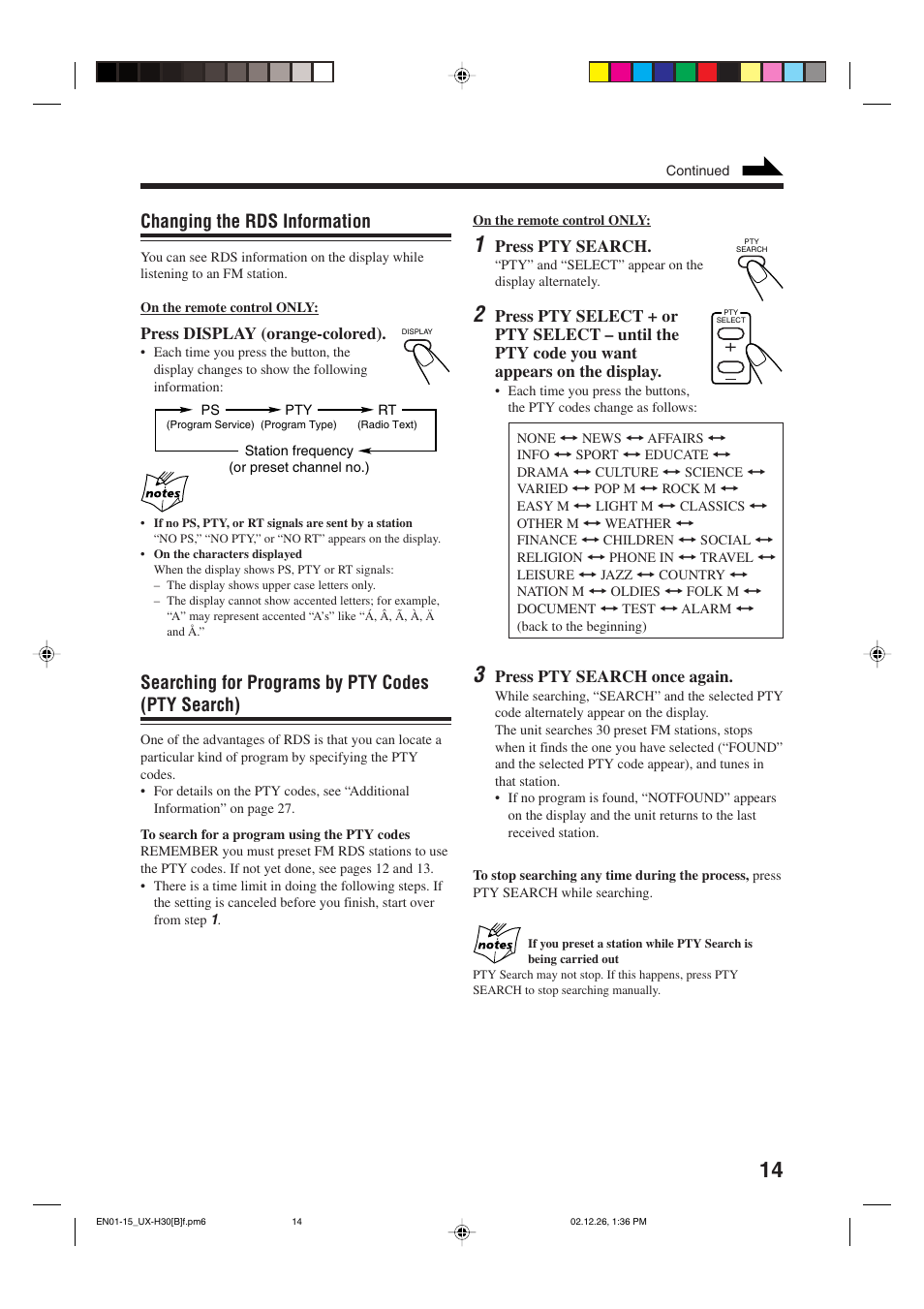 Changing the rds information, Searching for programs by pty codes (pty search) | JVC CA-UXH33 User Manual | Page 17 / 32