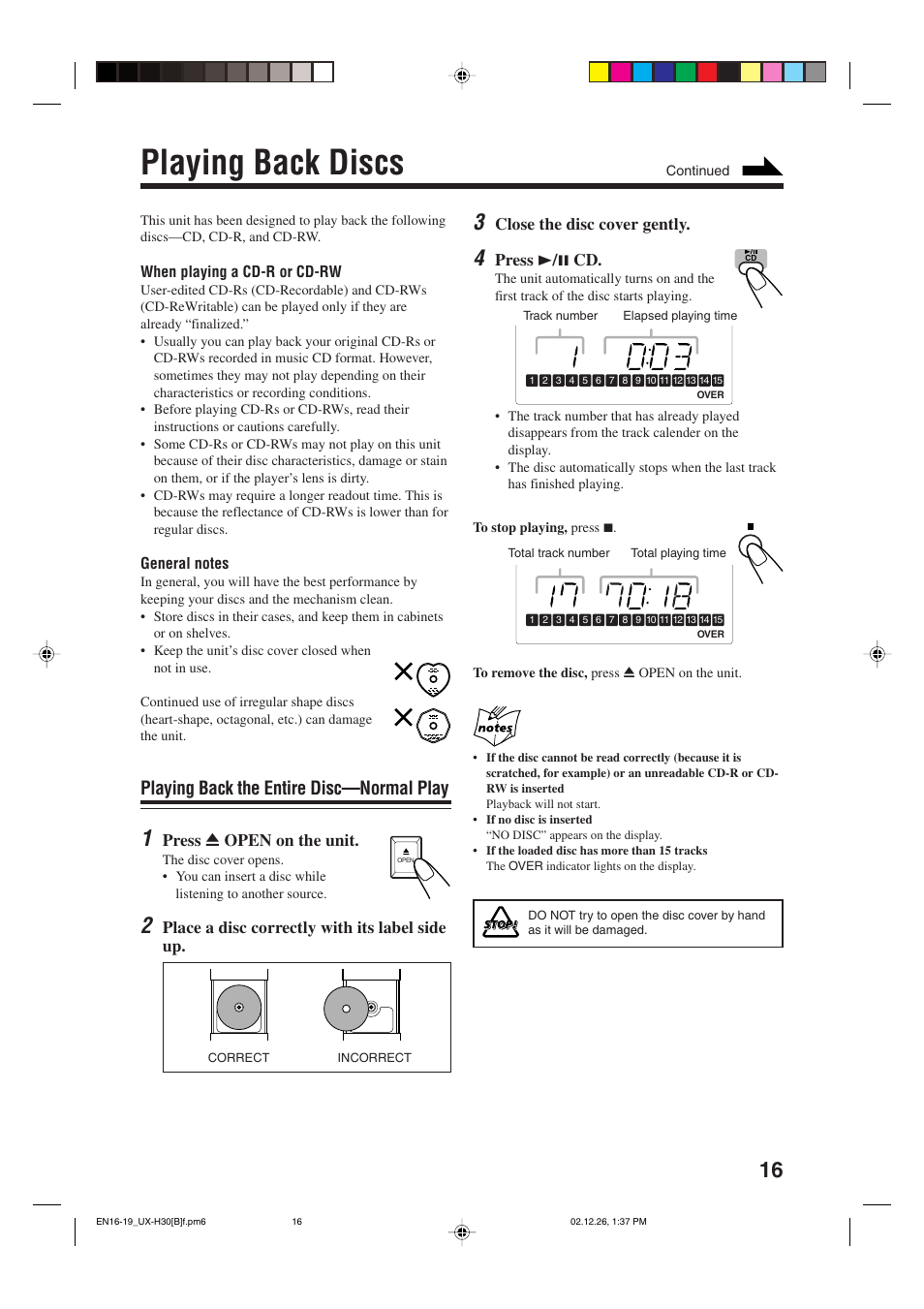 Playing back discs, Playing back the entire disc—normal play | JVC CA-UXH33 User Manual | Page 19 / 32