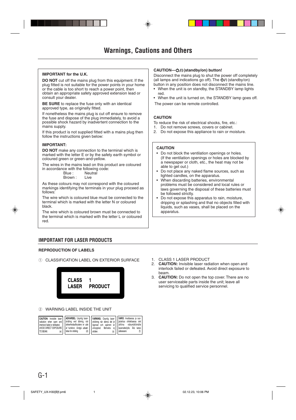 Warnings, cautions and others, Important for laser products, G-1 warnings, cautions and others | JVC CA-UXH33 User Manual | Page 2 / 32