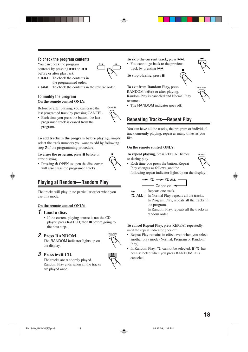 Repeating tracks—repeat play, Playing at random—random play | JVC CA-UXH33 User Manual | Page 21 / 32