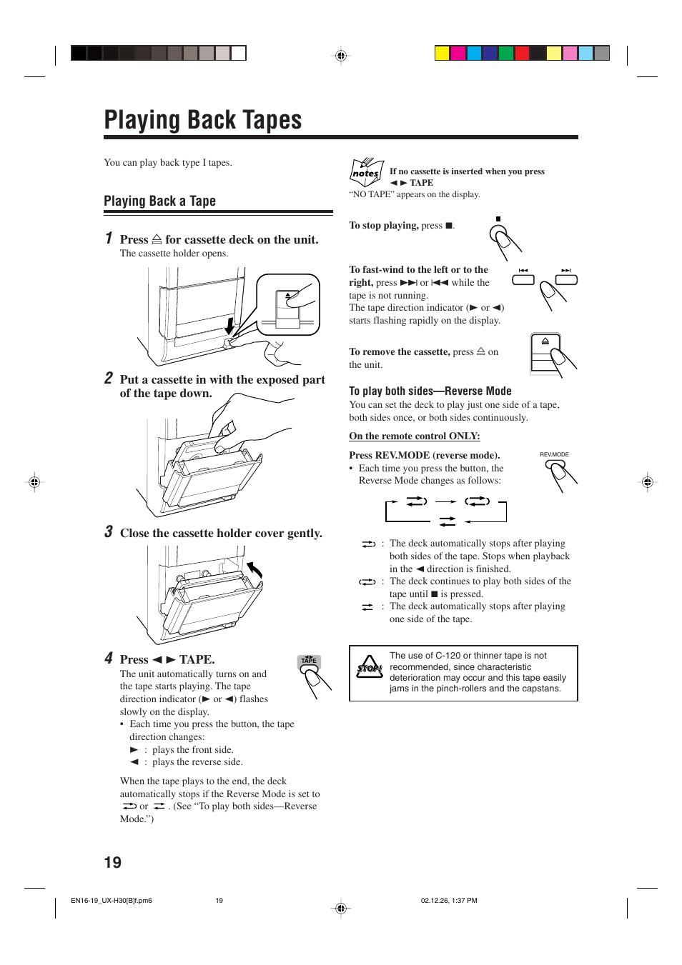 Playing back tapes, Playing back a tape | JVC CA-UXH33 User Manual | Page 22 / 32