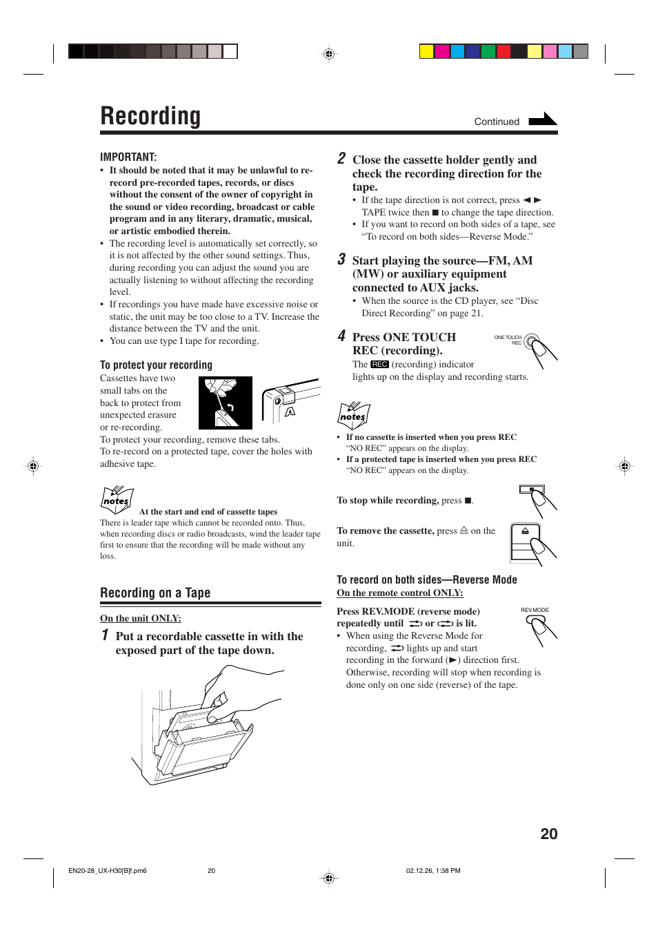 Recording, Recording on a tape | JVC CA-UXH33 User Manual | Page 23 / 32