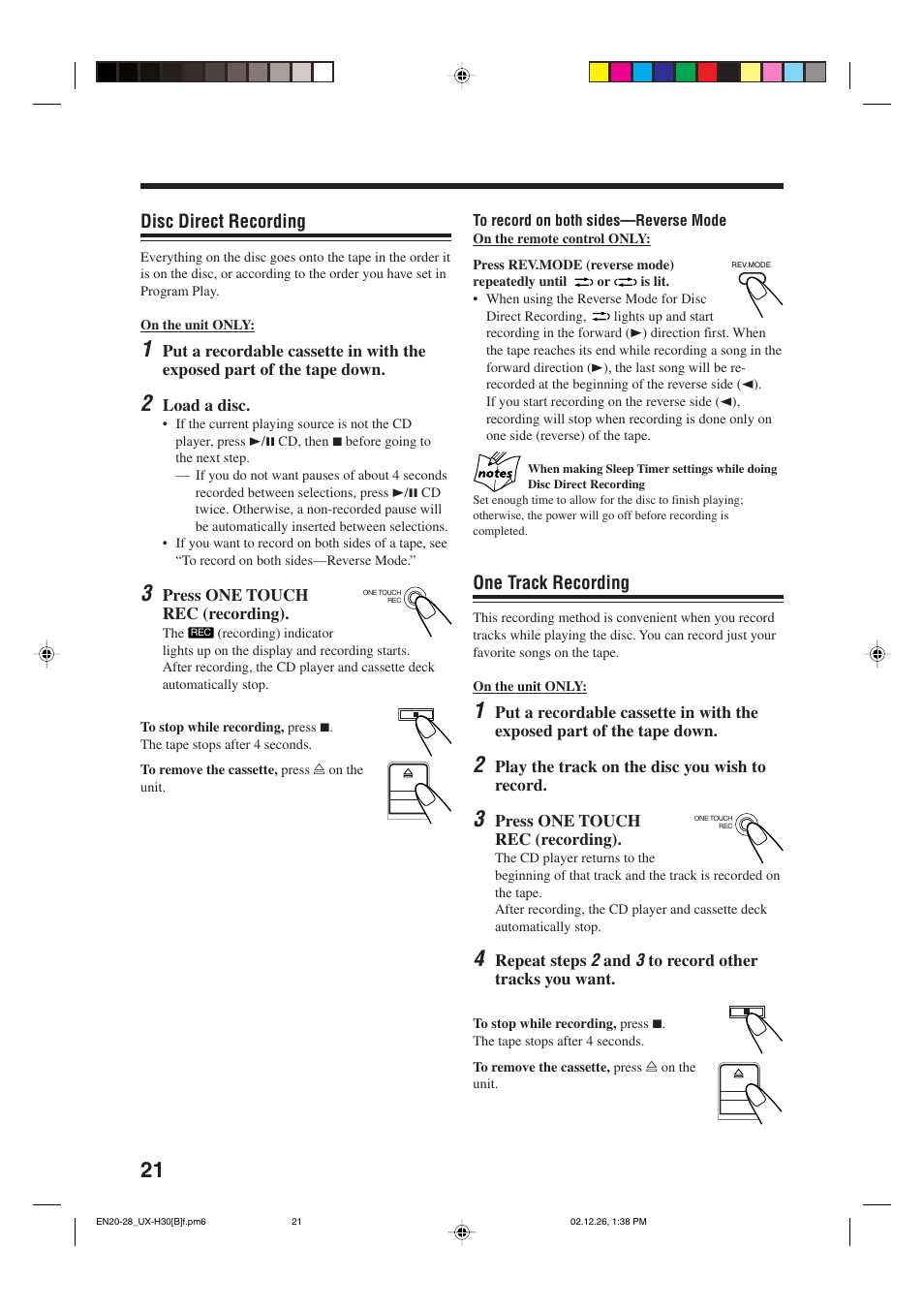 Disc direct recording, One track recording | JVC CA-UXH33 User Manual | Page 24 / 32