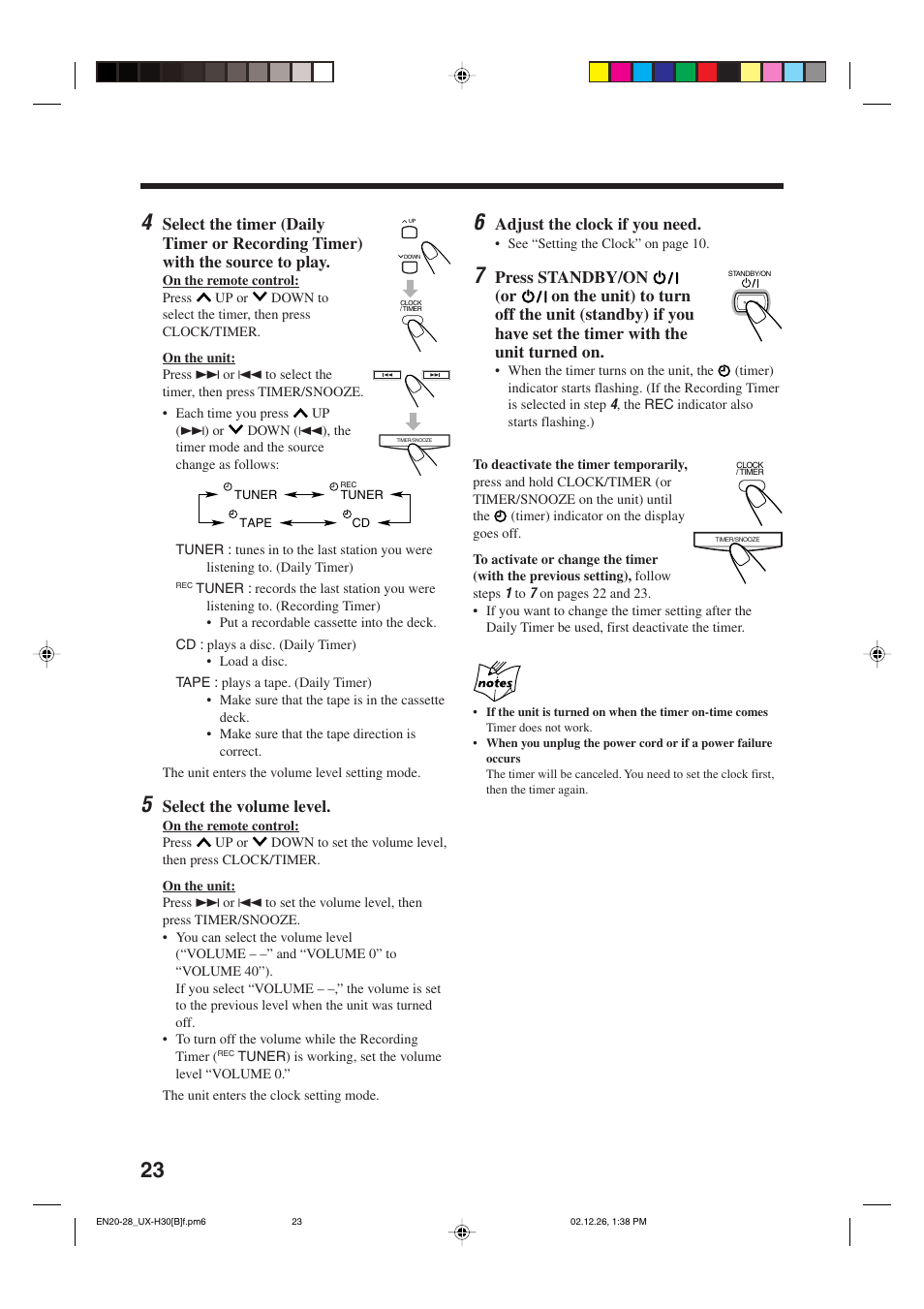 Select the volume level, Adjust the clock if you need | JVC CA-UXH33 User Manual | Page 26 / 32