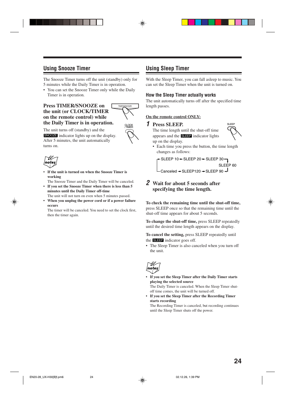 Using sleep timer, Using snooze timer, Press sleep | JVC CA-UXH33 User Manual | Page 27 / 32