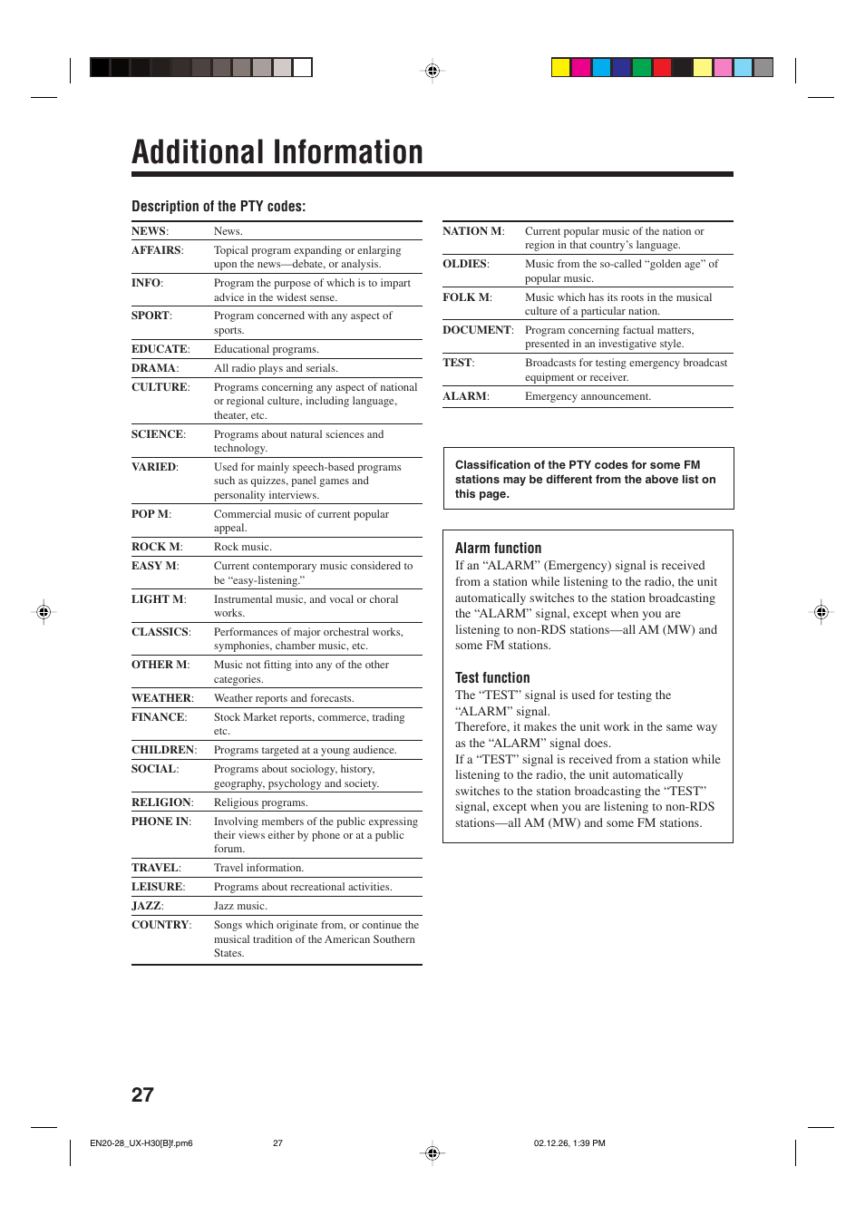 Additional information, Description of the pty codes: alarm function, Test function | JVC CA-UXH33 User Manual | Page 30 / 32