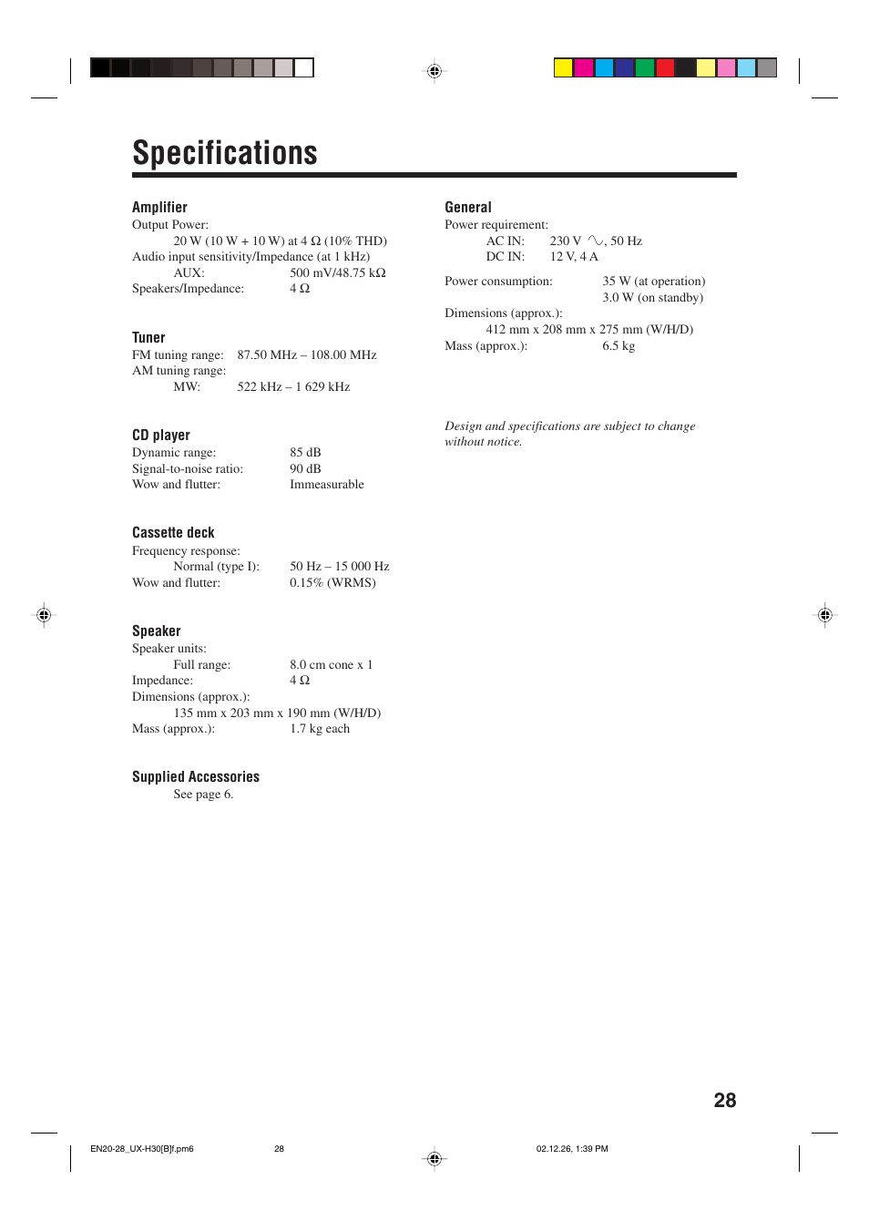 Specifications | JVC CA-UXH33 User Manual | Page 31 / 32