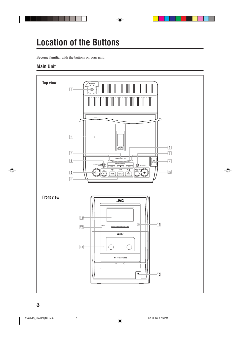 Location of the buttons, Main unit | JVC CA-UXH33 User Manual | Page 6 / 32