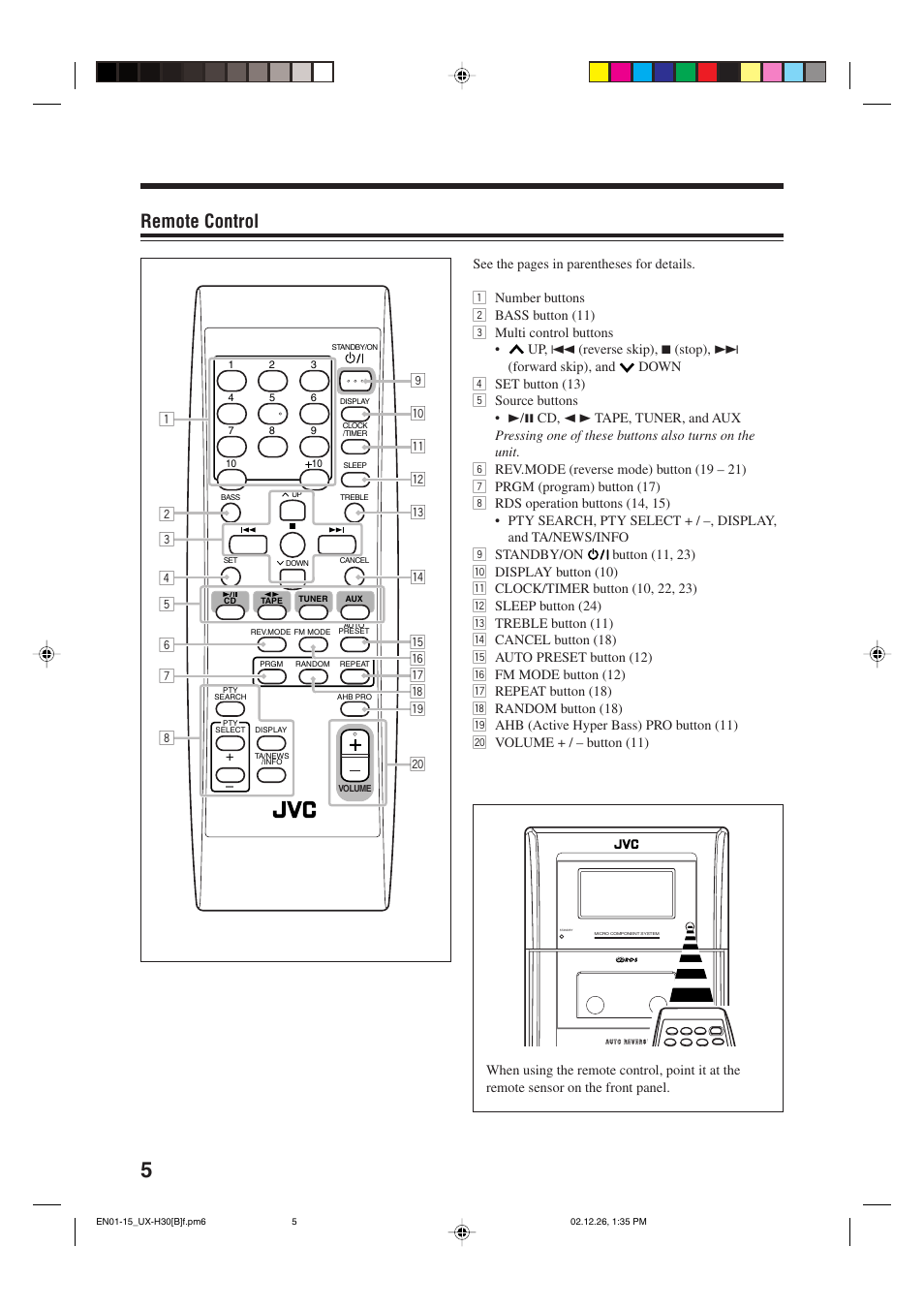 Remote control | JVC CA-UXH33 User Manual | Page 8 / 32