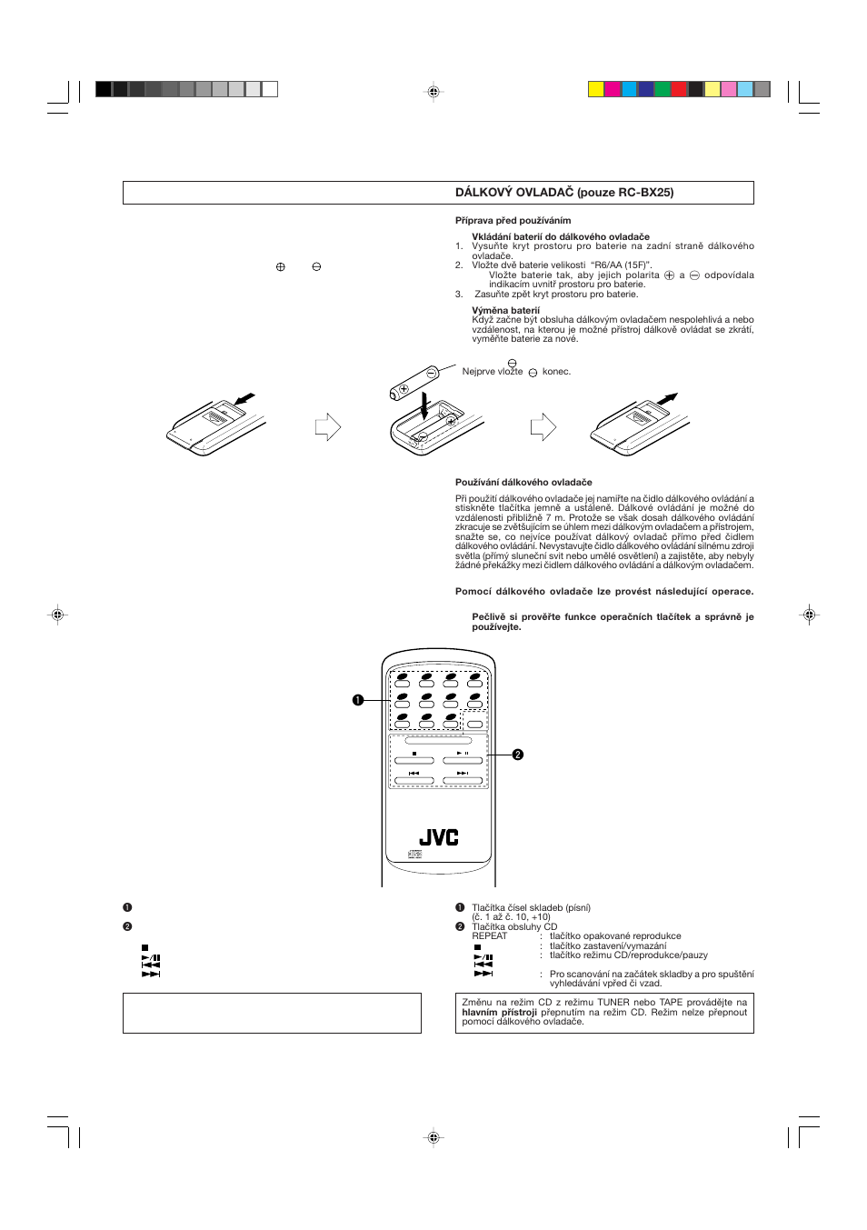 Remote control unit (rc-bx25 only), Dálkový ovladač (pouze rc-bx25) | JVC RC-BX15BK  EN User Manual | Page 16 / 44