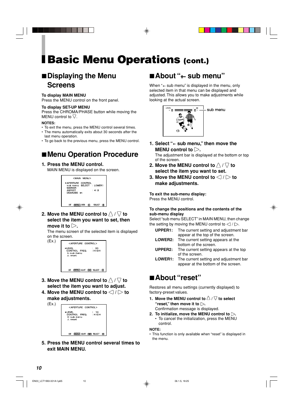 Displaying the menu screens, Menu operation procedure, About “ sub menu | Basic menu operations, 7 about “ sub menu, 7 about “reset, 7 displaying the menu screens, 7 menu operation procedure, Cont.) | JVC TM-1051DG User Manual | Page 10 / 24