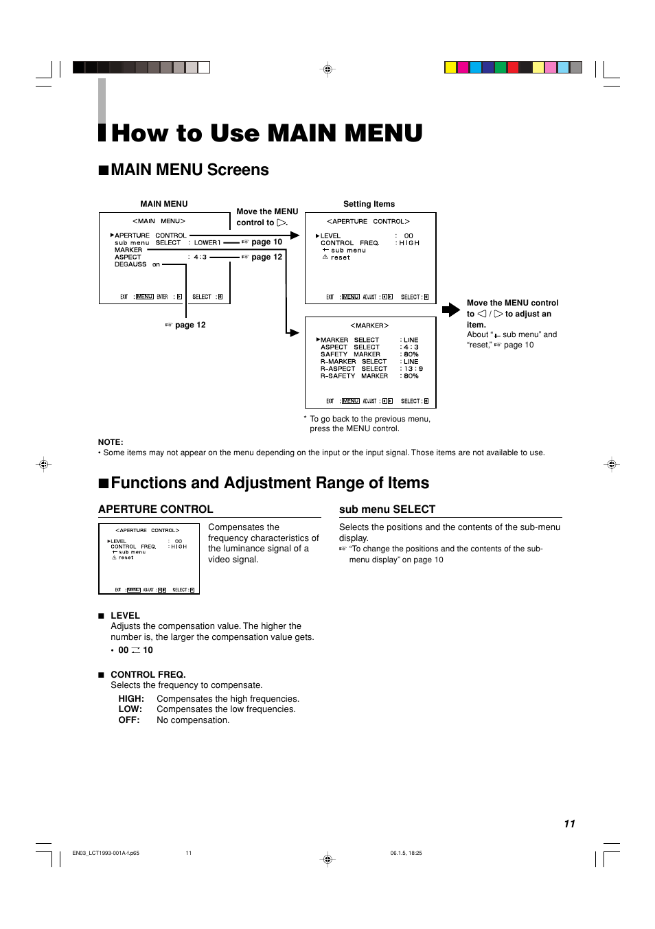 How to use main menu, Main menu screens, Functions and adjustment range of items | 7 main menu screens, 7 functions and adjustment range of items | JVC TM-1051DG User Manual | Page 11 / 24