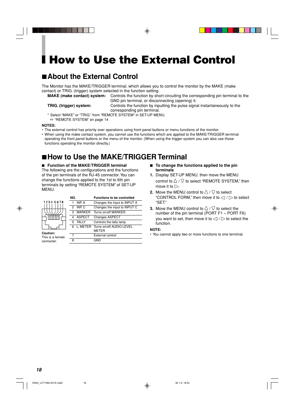 How to use the external control, About the external control, How to use the make/trigger terminal | 7 about the external control, 7 how to use the make/trigger terminal | JVC TM-1051DG User Manual | Page 18 / 24