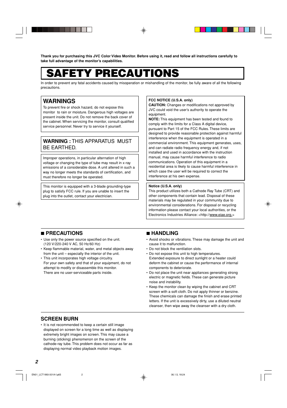 Safety precautions, Warnings, Screen burn | 7 precautions, 7 handling, Warning : this apparatus must be earthed | JVC TM-1051DG User Manual | Page 2 / 24