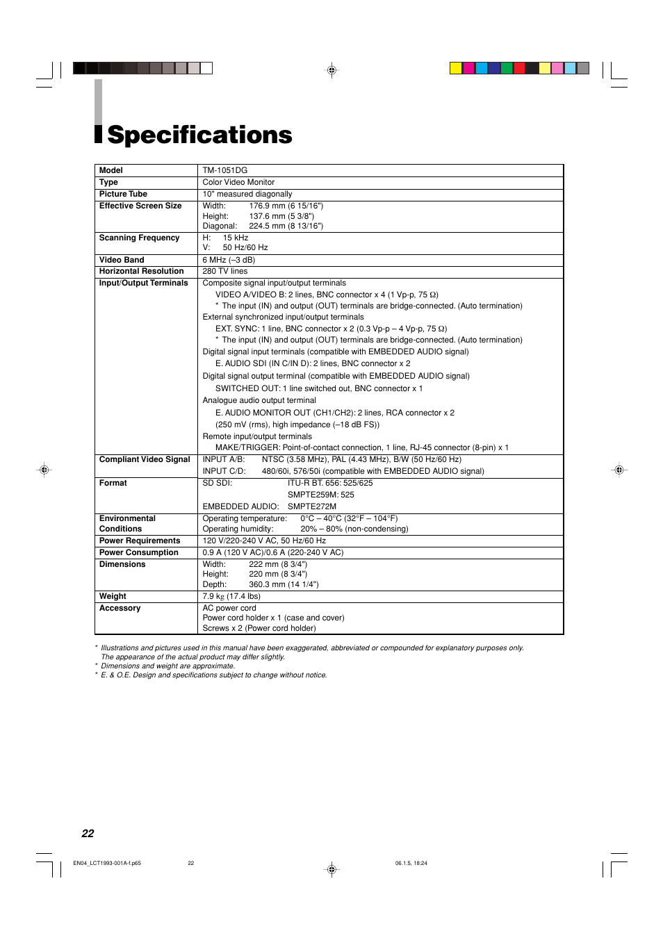 Specifications | JVC TM-1051DG User Manual | Page 22 / 24