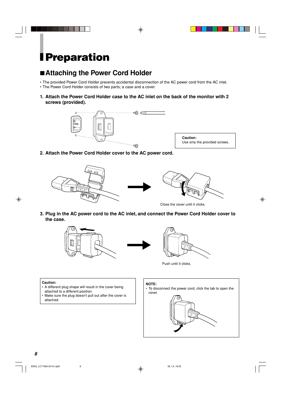 Preparation, Attaching the power cord holder, 7 attaching the power cord holder | JVC TM-1051DG User Manual | Page 8 / 24