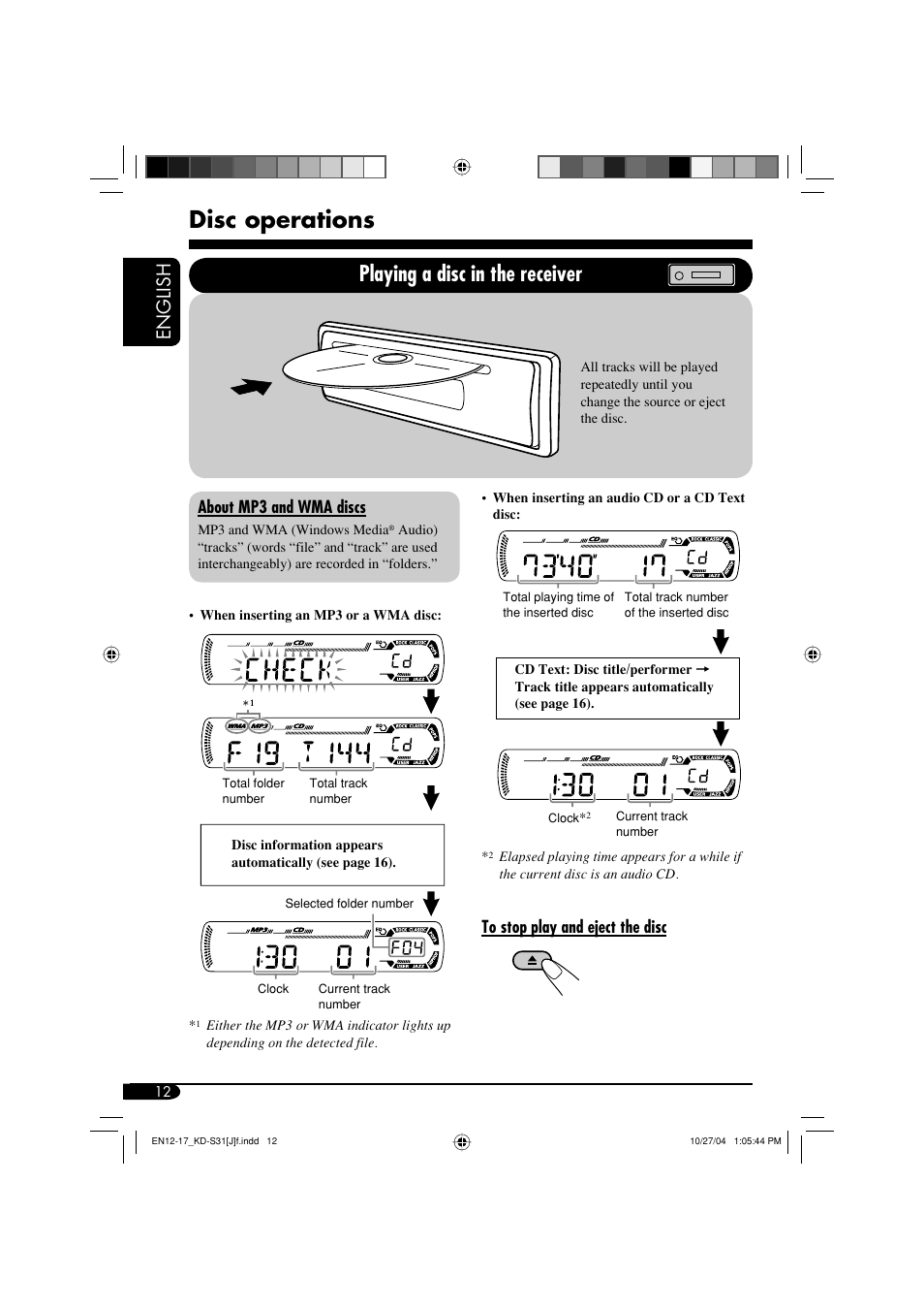 Disc operations, Playing a disc in the receiver, English | About mp3 and wma discs | JVC KD-S31 User Manual | Page 12 / 98