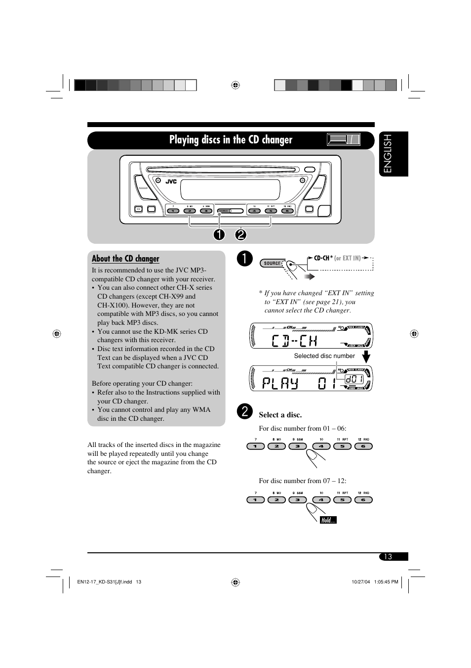 Playing discs in the cd changer, English | JVC KD-S31 User Manual | Page 13 / 98