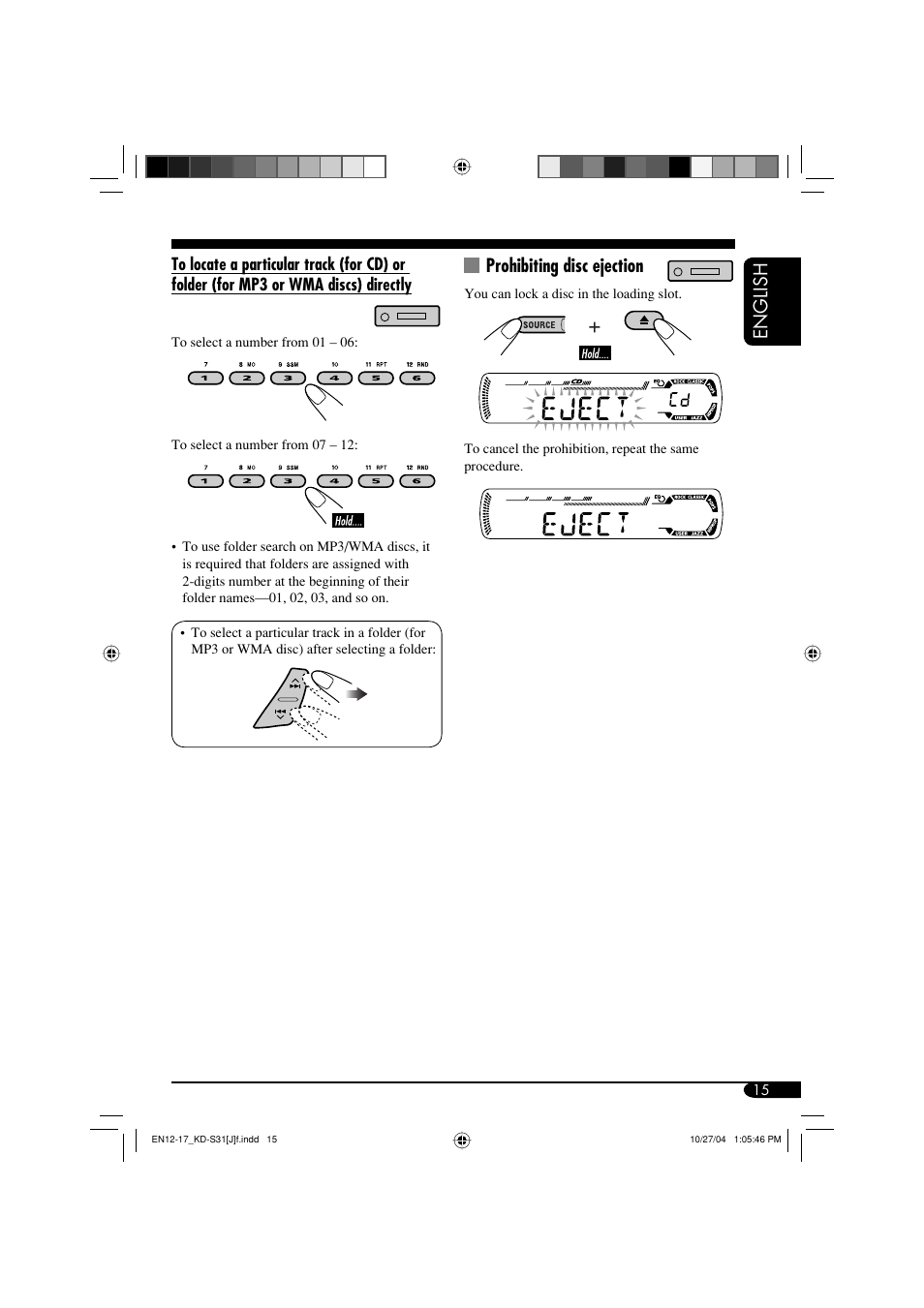 English, Prohibiting disc ejection | JVC KD-S31 User Manual | Page 15 / 98