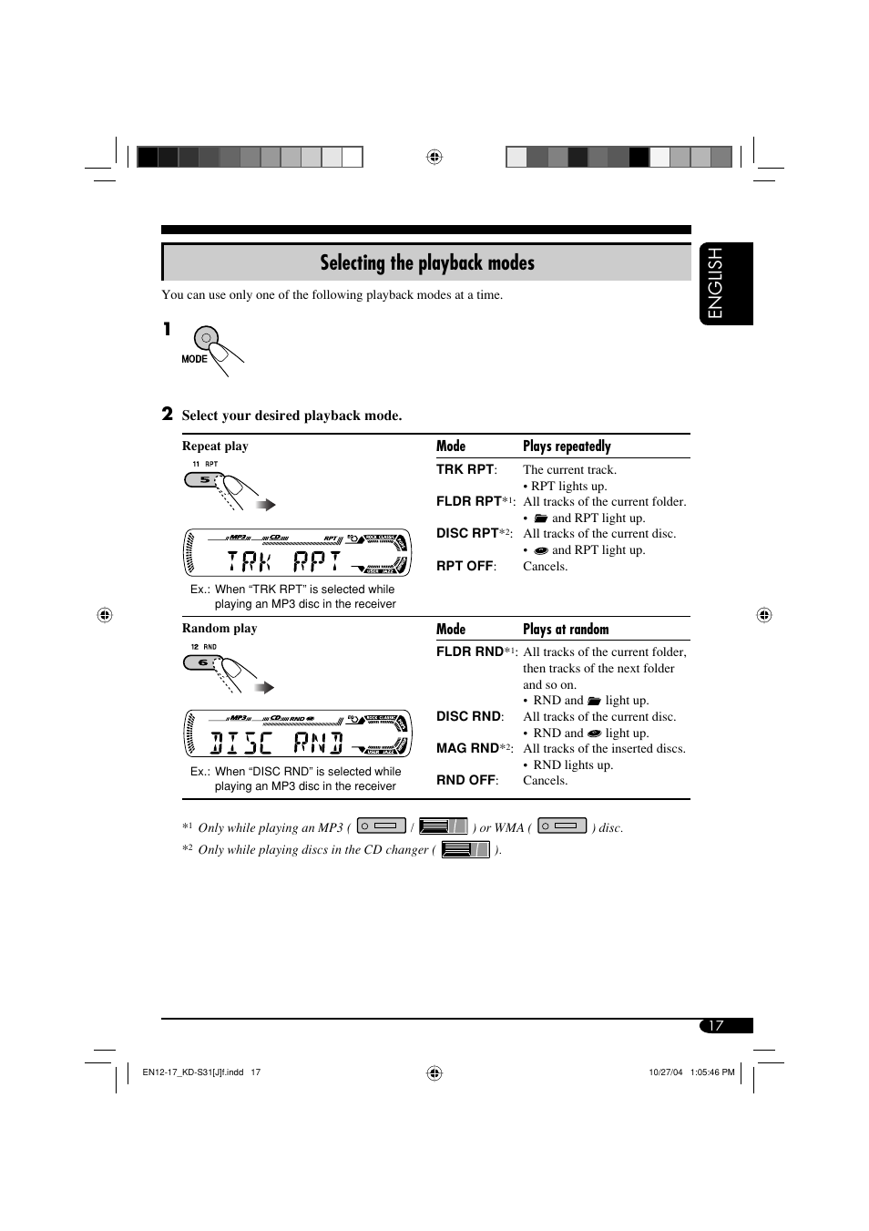 Selecting the playback modes, English | JVC KD-S31 User Manual | Page 17 / 98