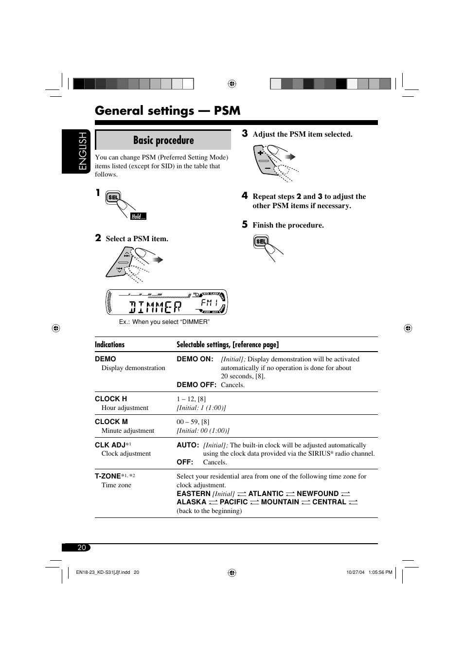 General settings — psm, Basic procedure, English | JVC KD-S31 User Manual | Page 20 / 98