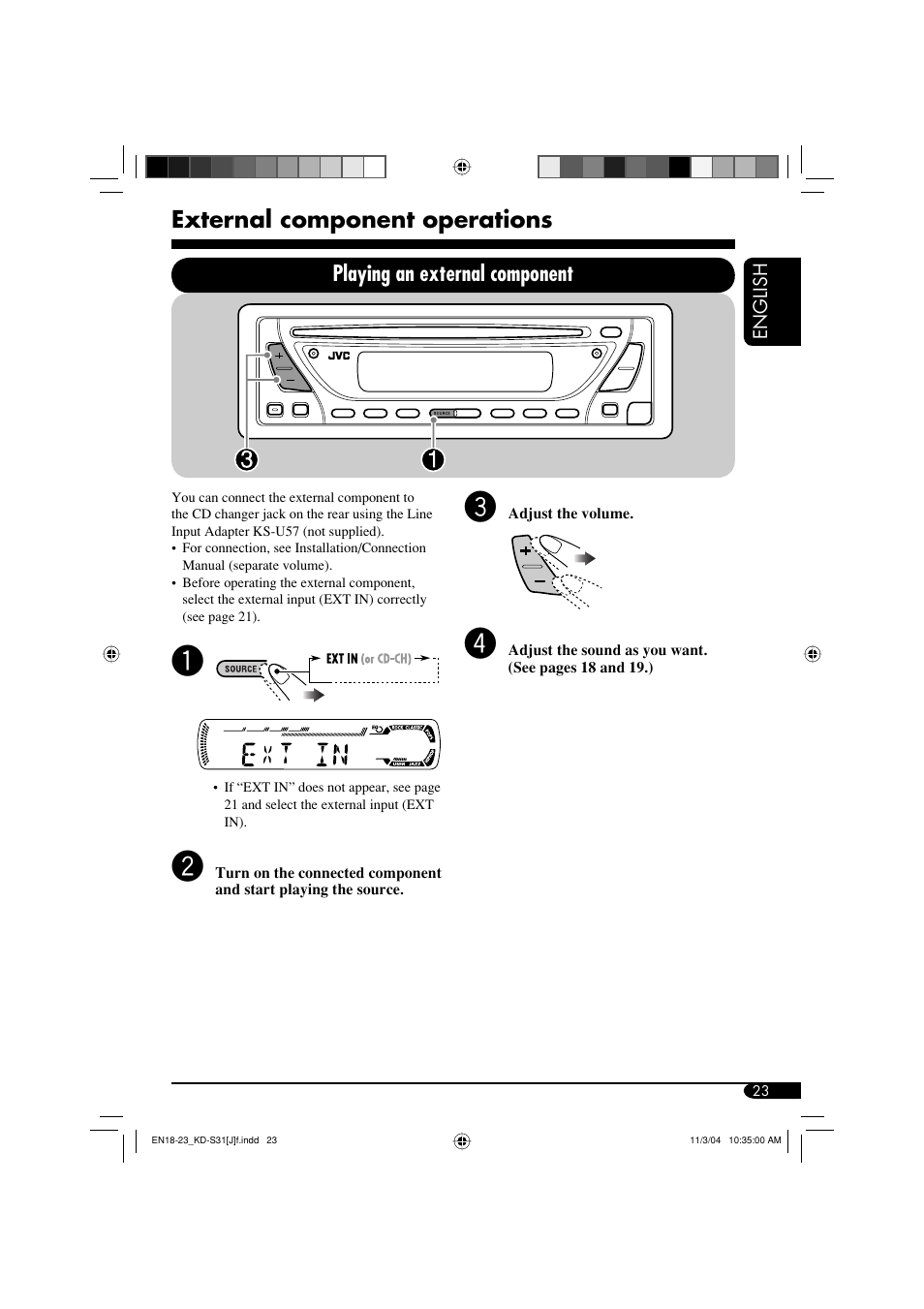 External component operations, Playing an external component | JVC KD-S31 User Manual | Page 23 / 98