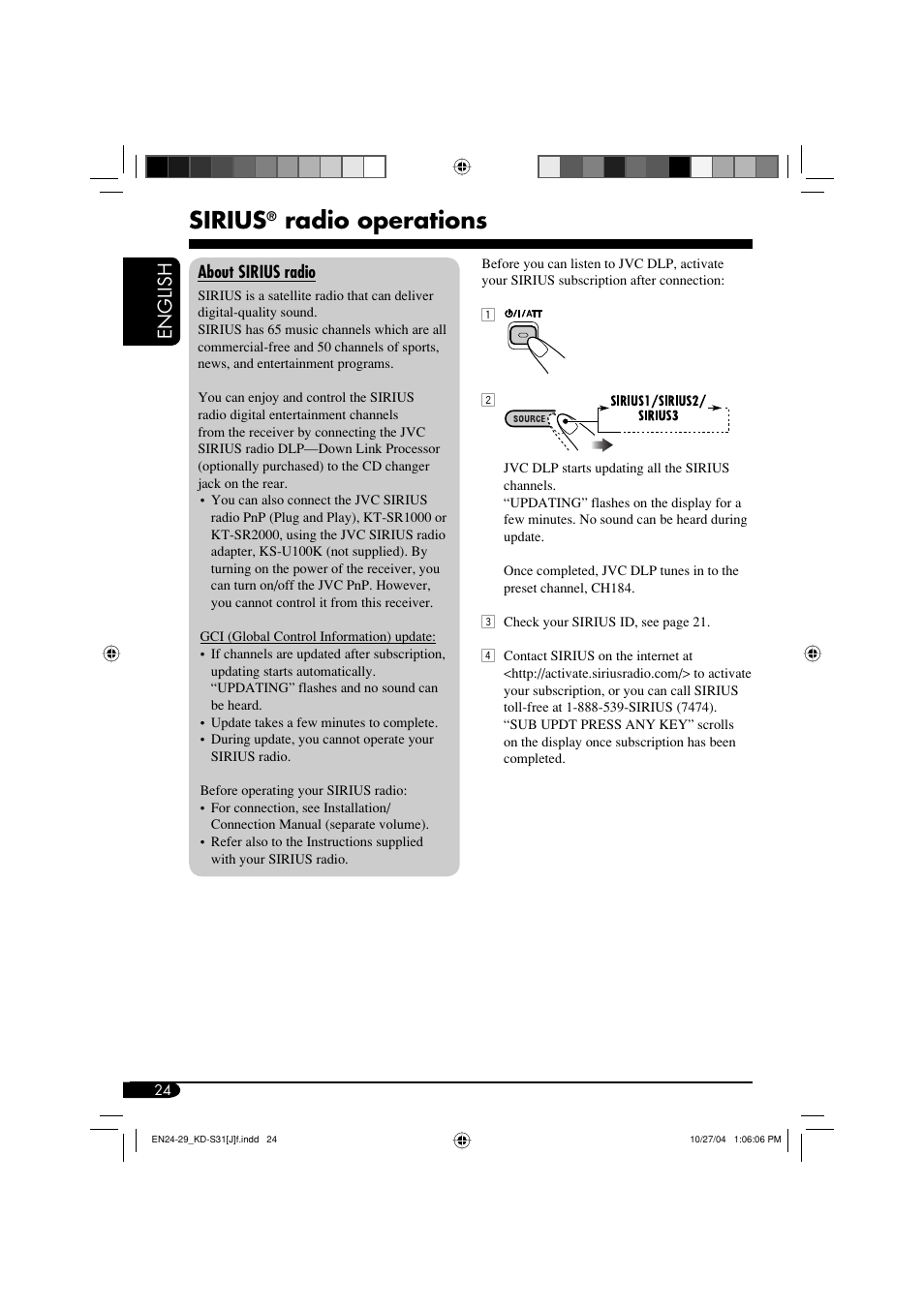 Sirius, Radio operations, English | JVC KD-S31 User Manual | Page 24 / 98