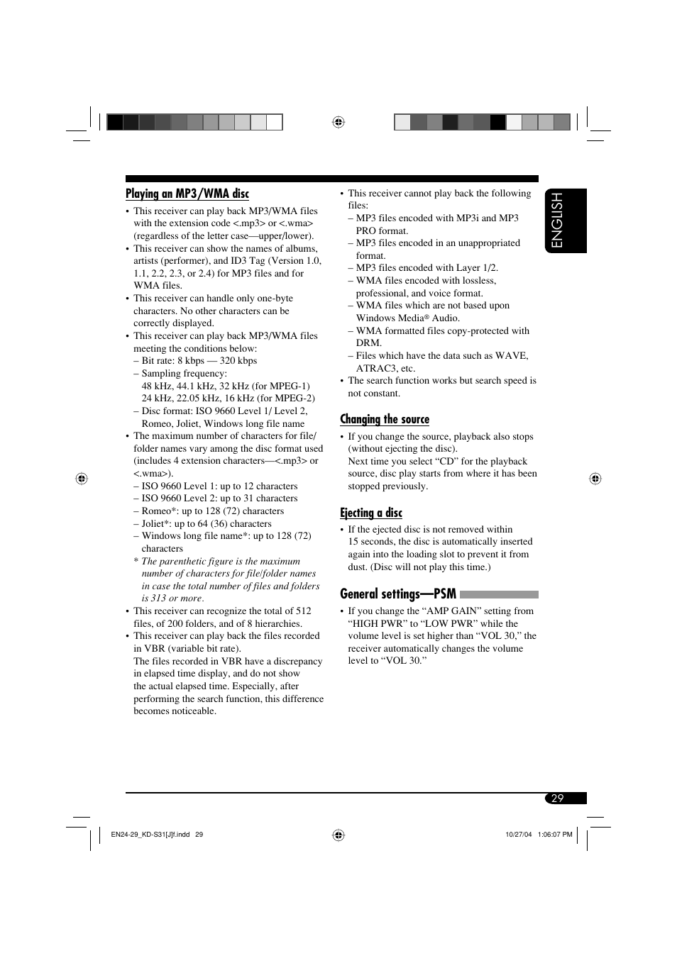 English, General settings—psm | JVC KD-S31 User Manual | Page 29 / 98