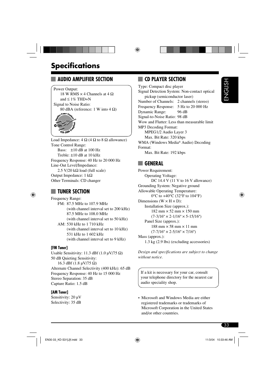 Specifications, English, General | JVC KD-S31 User Manual | Page 33 / 98